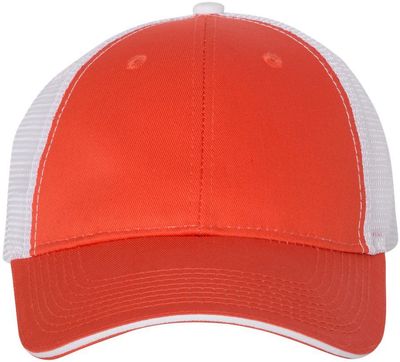 Am image of a Custom Valucap SandwichTrucker Cap in Orange/White!