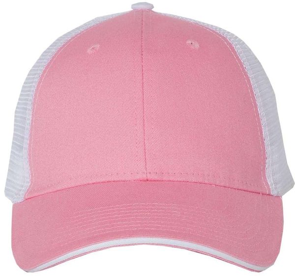 Am image of a Custom Valucap Sandwich Trucker Cap in Pink/White!