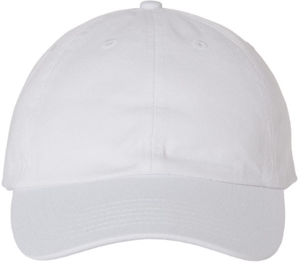 Am image of a Custom Valucap Adult Bio Washed Classic Dad's Cap in White!
