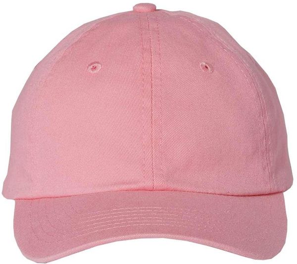 Am image of a Custom Valucap Small Fit Bio Washed Dad's Cap in Pink!