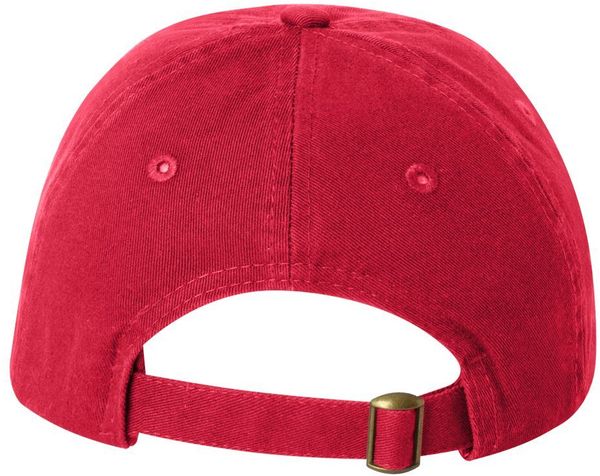 Am image of a Custom Valucap Small Fit Bio Washed Dad's Cap in Red!