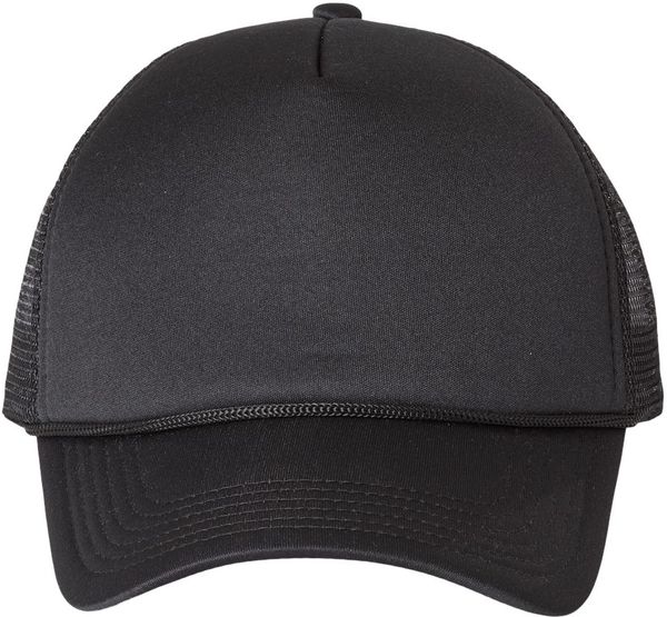 Am image of a Custom Valucap Foam Mesh Back Trucker Cap in Black/black!