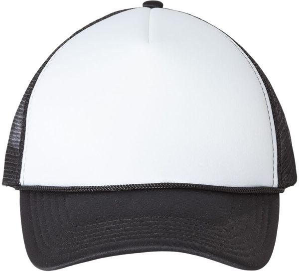 Am image of a Custom Valucap Foam Mesh Back Trucker Cap in White/Black!