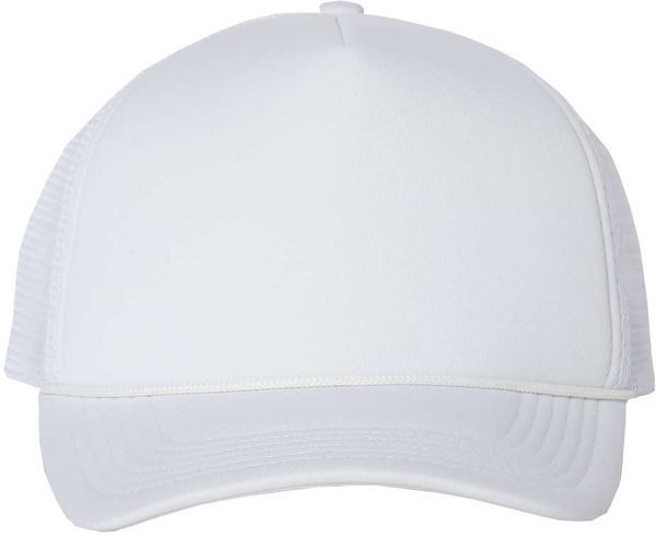 Am image of a Custom Valucap Foam Mesh Back Trucker Cap in White/White!