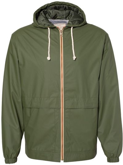 Am image of a Custom Weatherproof Vintage Hooded Rain Jacket in Bronze Green!