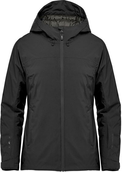 Am image of a Custom Stormtech Womens Nostromo Thermal Shell Jacket in Black/Graphite!