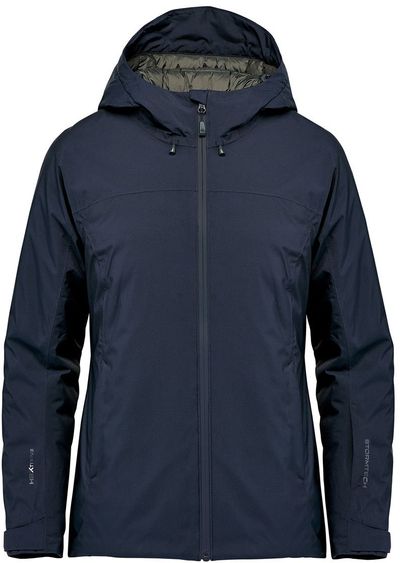Am image of a Custom Stormtech Womens Nostromo Thermal Shell Jacket in Navy/Graphite!