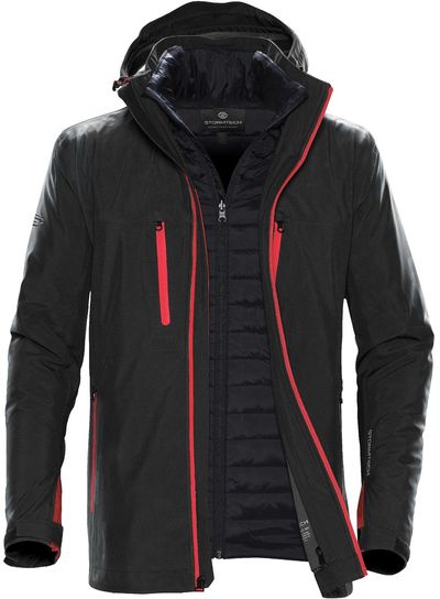 Am image of a Custom Stormtech Mens Matrix System Jacket in Black/Bright Red!