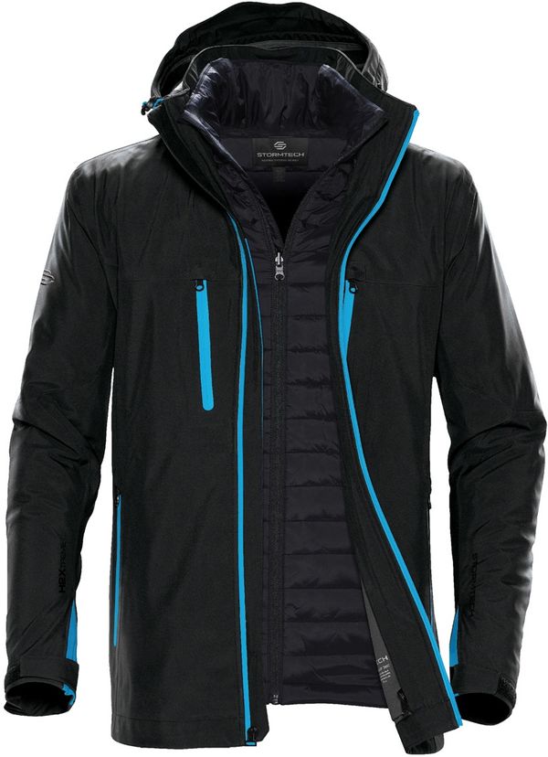 Am image of a Custom Stormtech Mens Matrix System Jacket in Black/Electric Blue!