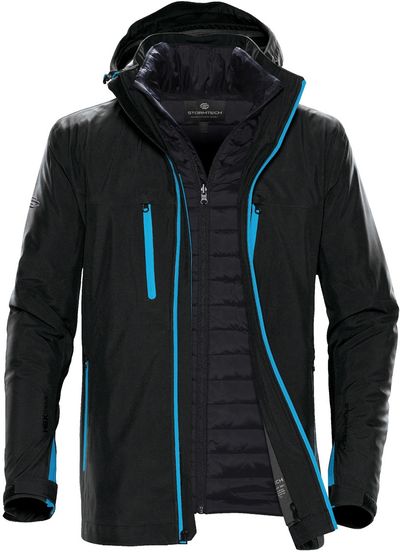 Am image of a Custom Stormtech Mens Matrix System Jacket in Black/Electric Blue!