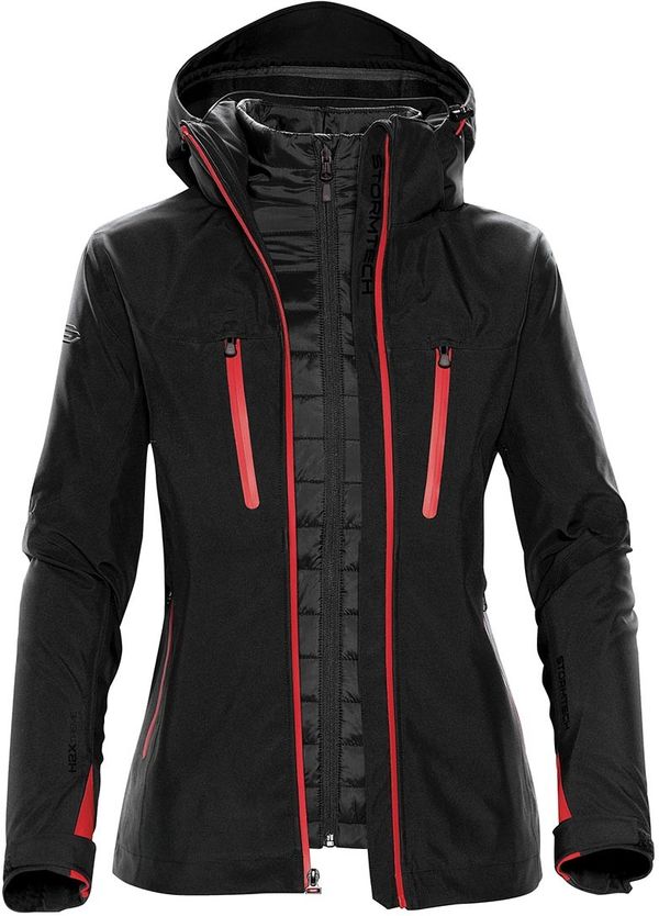Am image of a Custom Stormtech Womens Matrix System Jacket in Black/Bright Red!