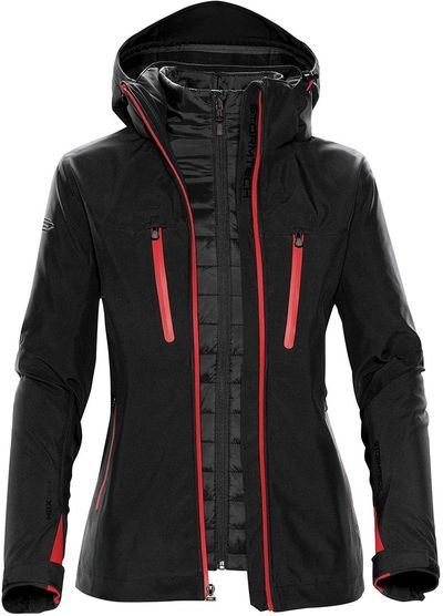 Am image of a Custom Stormtech Womens Matrix System Jacket in Black/Bright Red!