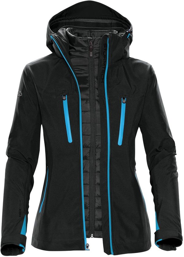Am image of a Custom Stormtech Womens Matrix System Jacket in Black/Electric Blue!