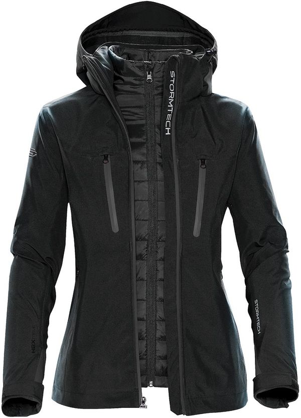 Am image of a Custom Stormtech Womens Matrix System Jacket in Black/Carbon!