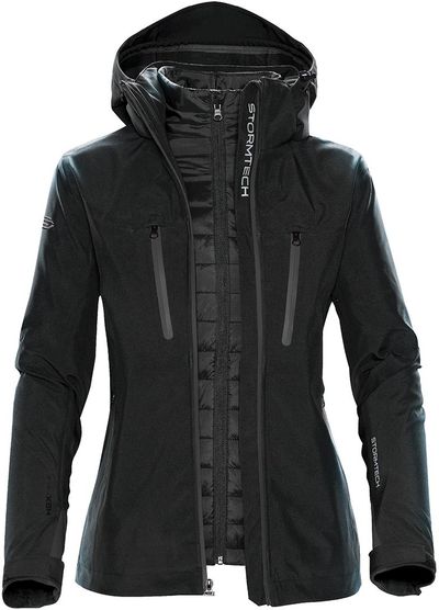 Am image of a Custom Stormtech Womens Matrix System Jacket in Black/Carbon!