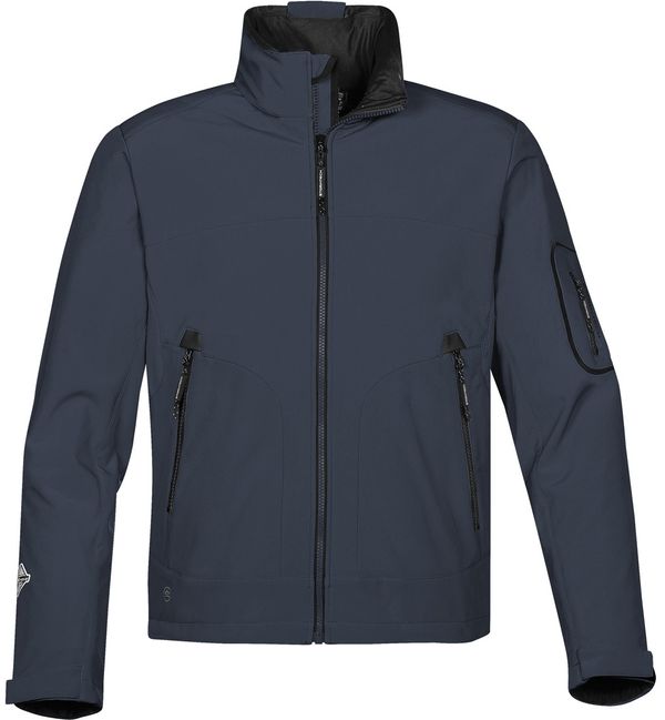 Am image of a Custom Stormtech Mens Cruise Softshell in NAVY / BLACK!