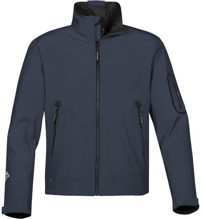 Am image of a Custom Stormtech Mens Cruise Softshell in NAVY / BLACK!