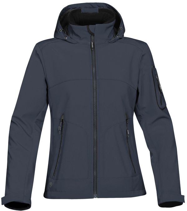 Am image of a Custom Stormtech Womens Cruise Softshell in NAVY / BLACK!
