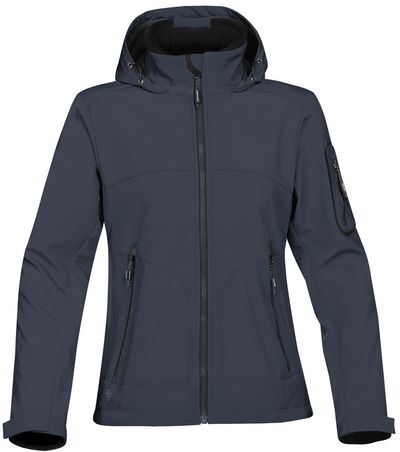 Am image of a Custom Stormtech Womens Cruise Softshell in NAVY / BLACK!