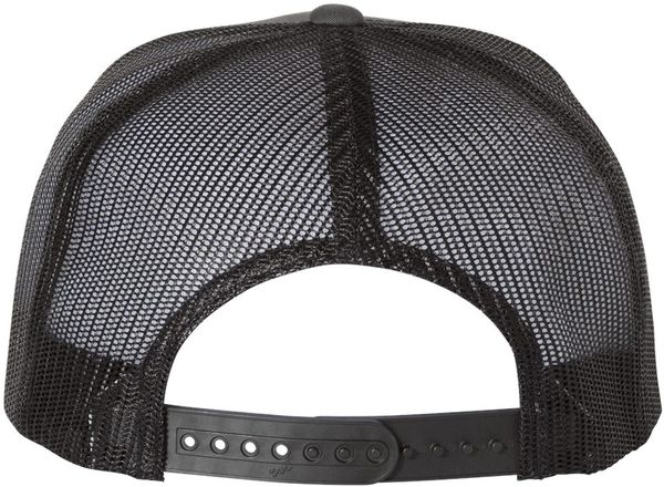 Am image of a Custom Yupoong Five Panel Classic Trucker Cap in Charcoal / Black!