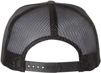 Am image of a Custom Yupoong Five Panel Classic Trucker Cap in Charcoal / Black!