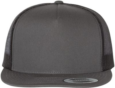 Am image of a Custom Yupoong Five Panel Classic Trucker Cap in Charcoal / Black!
