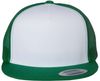 Am image of a Custom Yupoong Five Panel Classic Trucker Cap in Kelly/White/Kelly!