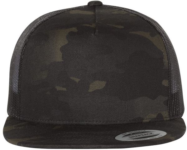 An image of a Custom Yupoong Five Panel Classic Trucker Cap in Multicam Black/Black!