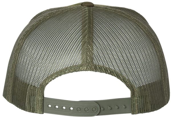 An image of a Custom Yupoong Five Panel Classic Trucker Cap in Multicam Tropic / Green!