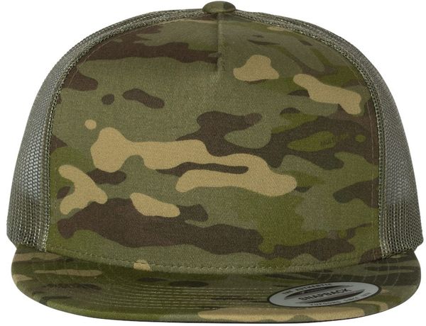 An image of a Custom Yupoong Five Panel Classic Trucker Cap in Multicam Tropic / Green!