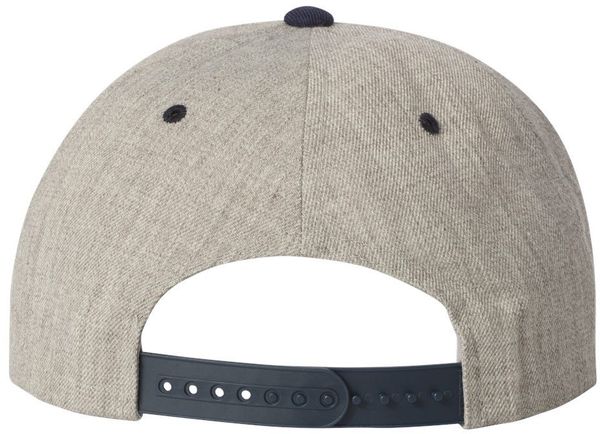 An image of a Custom Yupoong Flat Bill Snapback Cap in Heather Grey/Navy!