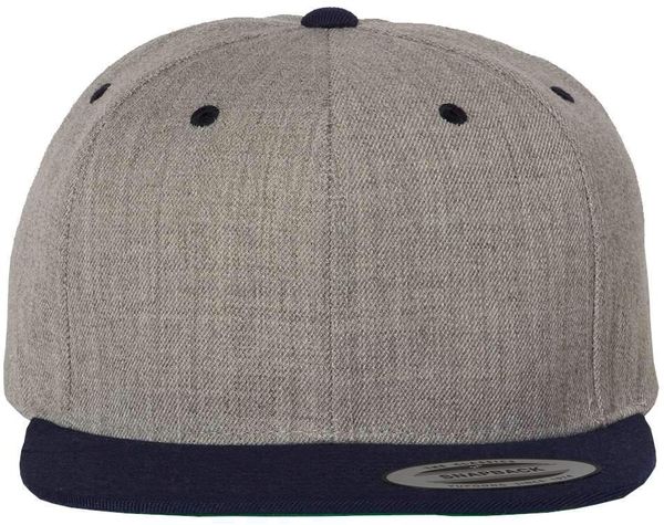 An image of a Custom Yupoong Flat Bill Snapback Cap in Heather Grey/Navy!