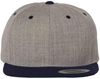An image of a Custom Yupoong Flat Bill Snapback Cap in Heather Grey/Navy!