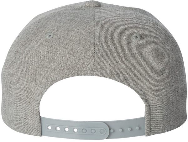Am image of a Custom Yupoong Flat Bill Snapback Cap in Heather Grey!