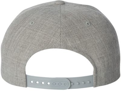 Am image of a Custom Yupoong Flat Bill Snapback Cap in Heather Grey!