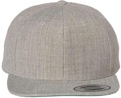 Am image of a Custom Yupoong Flat Bill Snapback Cap in Heather Grey!