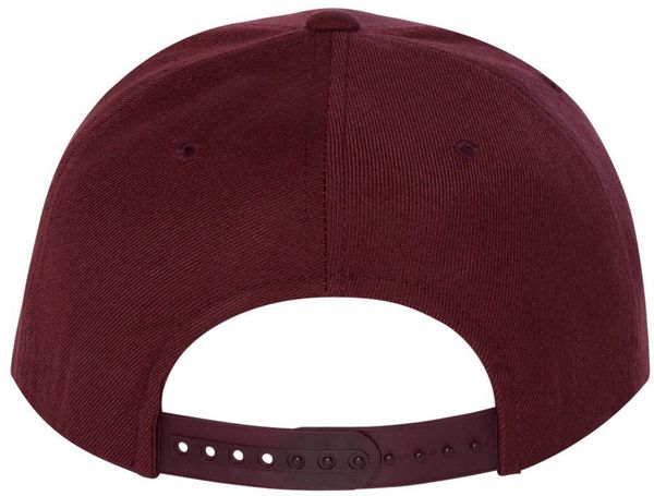 Am image of a Custom Yupoong Flat Bill Snapback Cap in Maroon!
