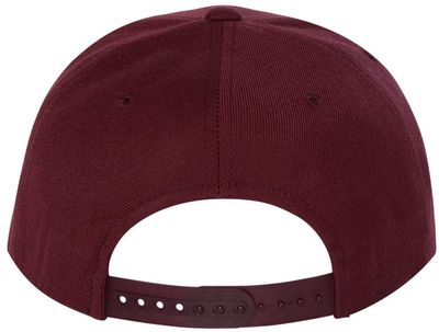 Am image of a Custom Yupoong Flat Bill Snapback Cap in Maroon!