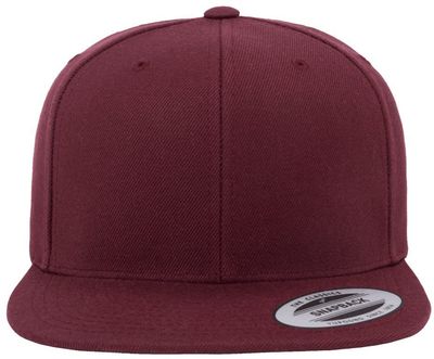 Am image of a Custom Yupoong Flat Bill Snapback Cap in Maroon!