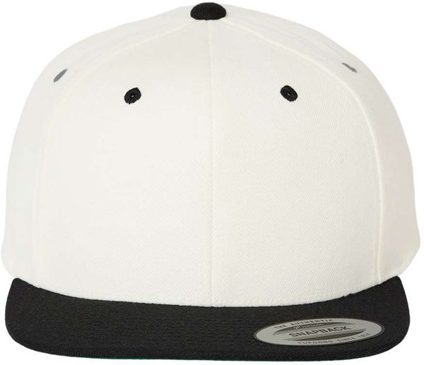 An image of a Custom Yupoong Flat Bill Snapback Cap in Natural/ Black!