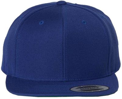 Am image of a Custom Yupoong Flat Bill Snapback Cap in Royal!