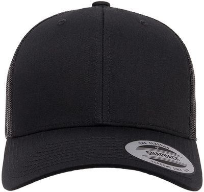 Am image of a Custom Yupoong Adult Retro Trucker Cap in Black!