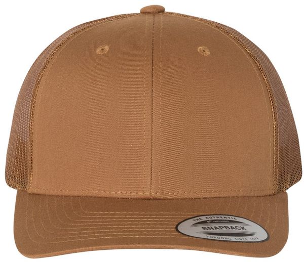 Am image of a Custom Yupoong Adult Retro Trucker Cap in Caramel!