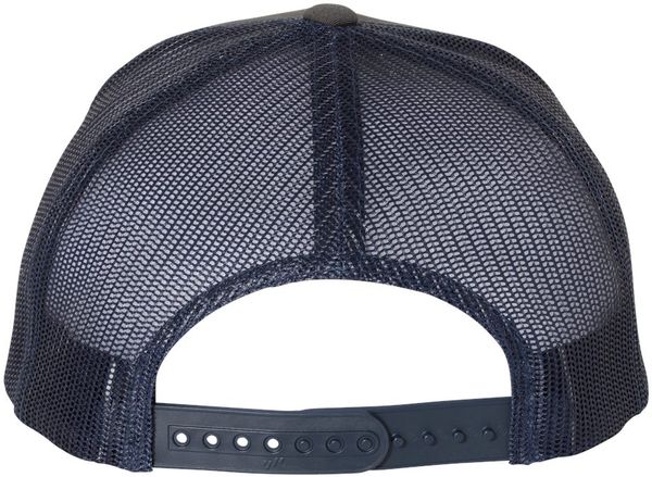 Am image of a Custom Yupoong Adult Retro Trucker Cap in Charcoal/Navy!