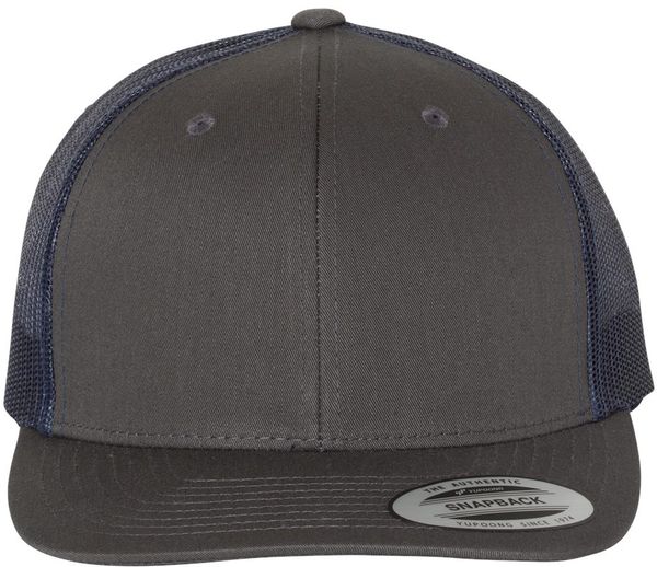 Am image of a Custom Yupoong Adult Retro Trucker Cap in Charcoal/Navy!