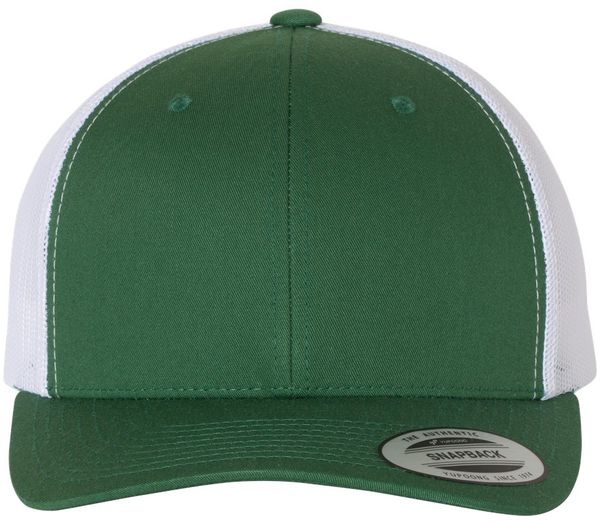 Am image of a Custom Yupoong Adult Retro Trucker Cap in Evergreen/White!