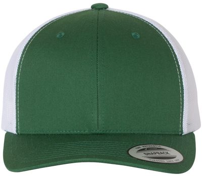 Am image of a Custom Yupoong Adult Retro Trucker Cap in Evergreen/White!