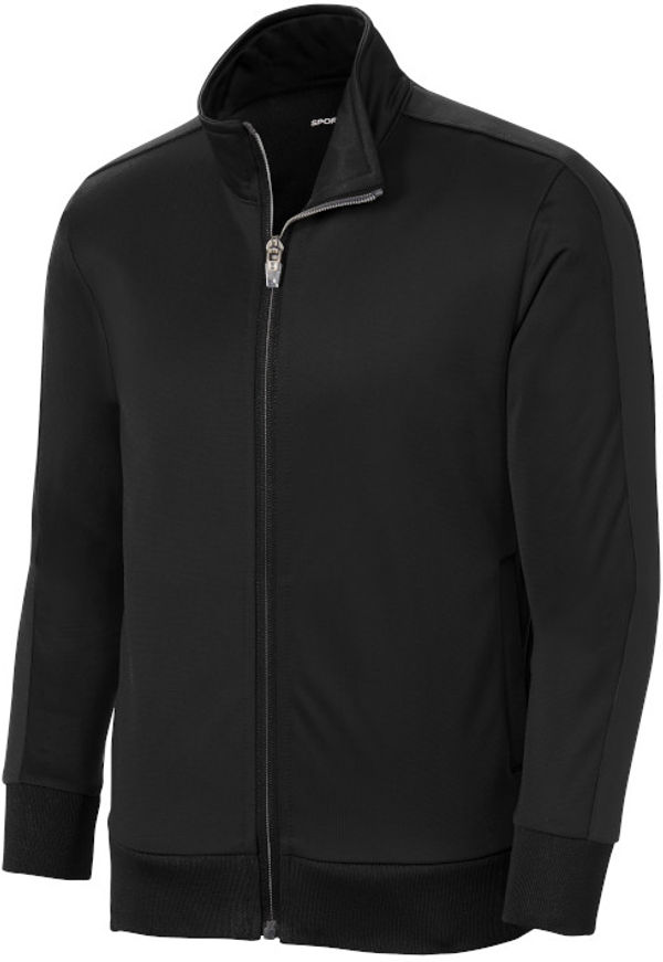 Am image of a Custom SportTek Youth Tricot Track Jacket in Black/Black!