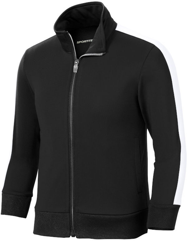 Am image of a Custom SportTek Youth Tricot Track Jacket in Black/White!