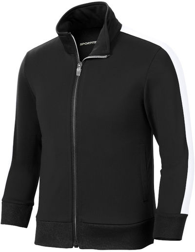 Am image of a Custom SportTek Youth Tricot Track Jacket in Black/White!